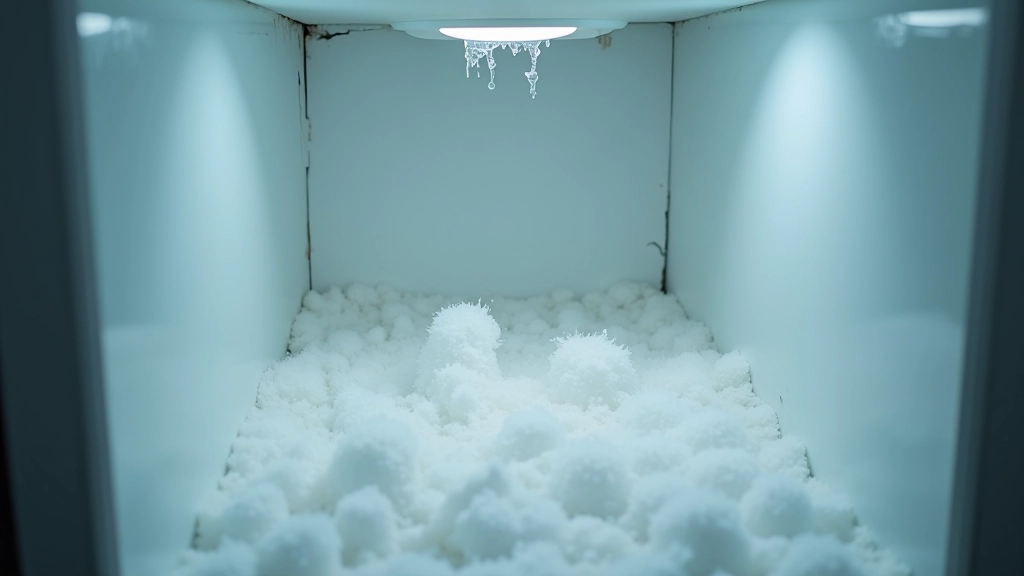 Glaçons et givre accumulés dans un compartiment de congélateur, montrant les problèmes de dégivrage automatique