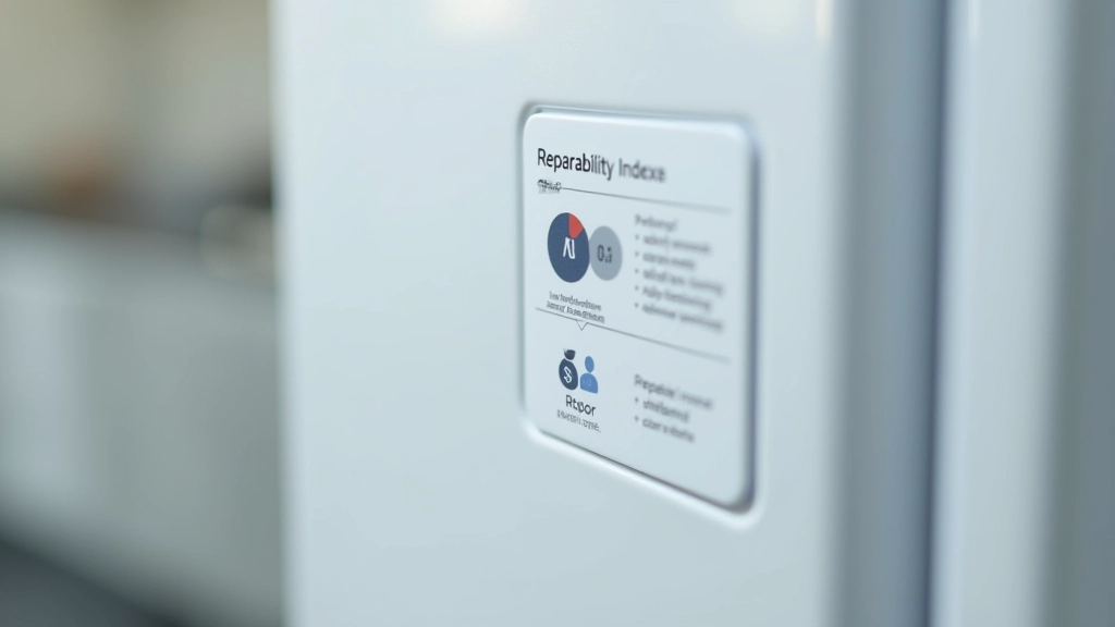 Étiquette d'indice de réparabilité affichée sur un réfrigérateur, montrant le score de réparabilité de 7 sur 10