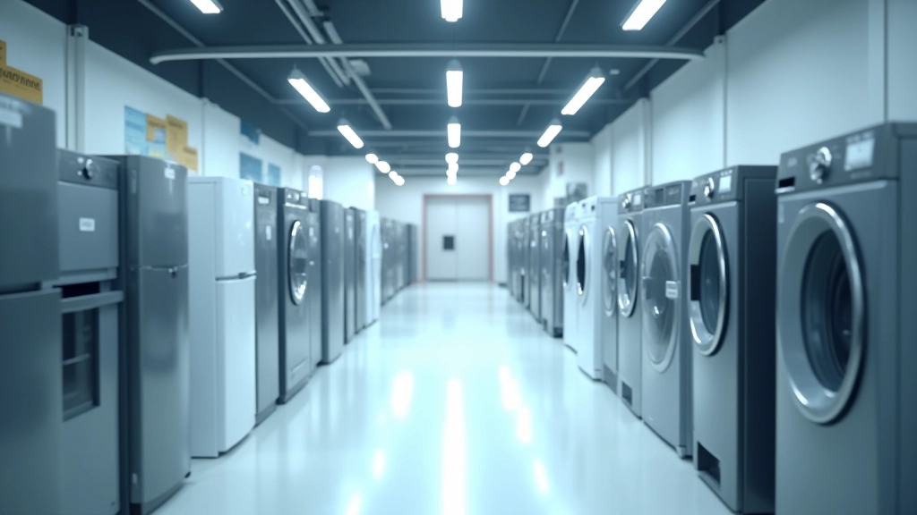 Magasin d'électroménager moderne avec rangées de réfrigérateurs, lumière fluorescente