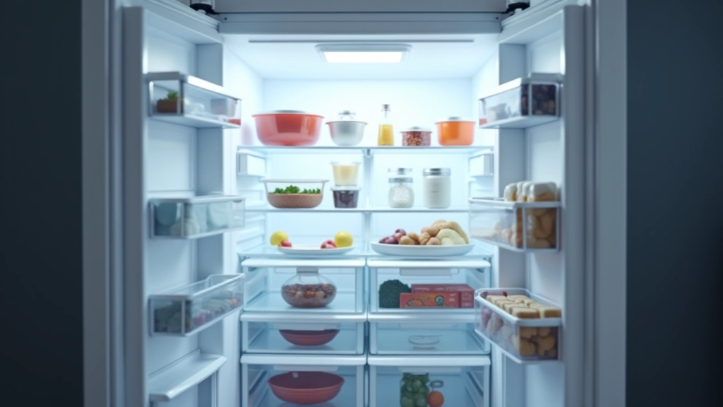Intérieur organisé d'un réfrigérateur moderne avec des étagères bien rangées et des compartiments de conservation des aliments