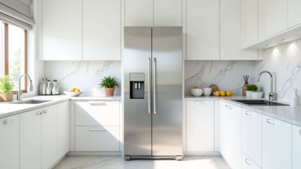 Réfrigérateur moderne dans une cuisine bien éclairée avec plans de travail en marbre blanc et électroménagers inox