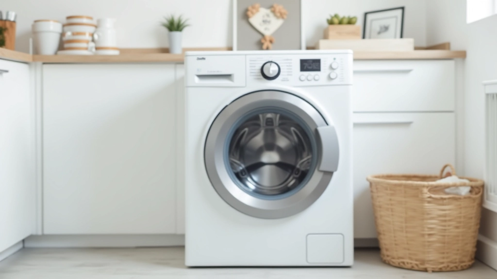 Lave-linge en inox dans une buanderie épurée avec panier de linge et détergent visible