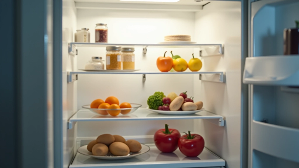 Gros plan sur un réfrigérateur blanc ouvert avec aliments organisés sur les étagères
