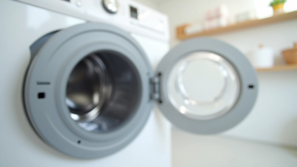 Lave-linge ouvert montrant le tambour avec vue intérieure d'une buanderie fonctionnelle et organisée