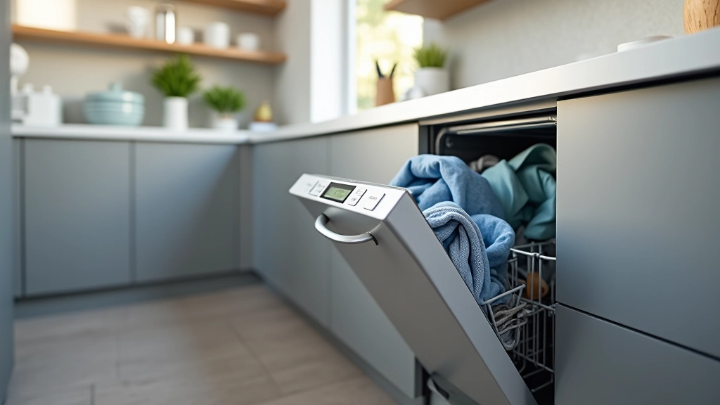 Lave-vaisselle partiellement ouvert dans une cuisine contemporaine avec plan de travail gris et façades blanches