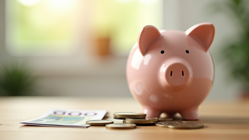 Tirelire et billets d'euros sur une table, représentant l'épargne progressive pour un remplacement d'électroménager