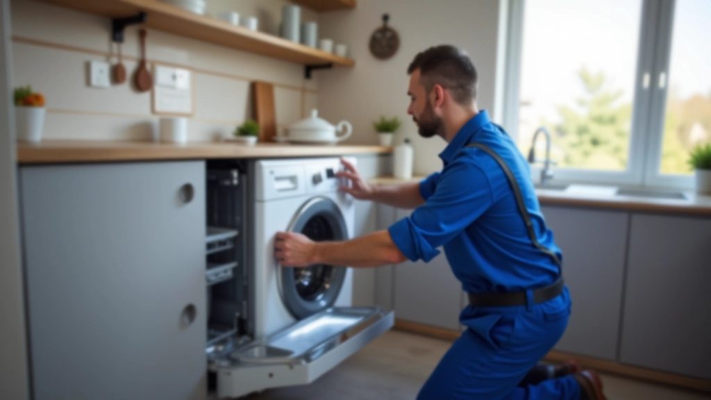 Technicien en vêtements de travail bleu effectuant une réparation sur un lave-vaisselle dans une cuisine résidentielle