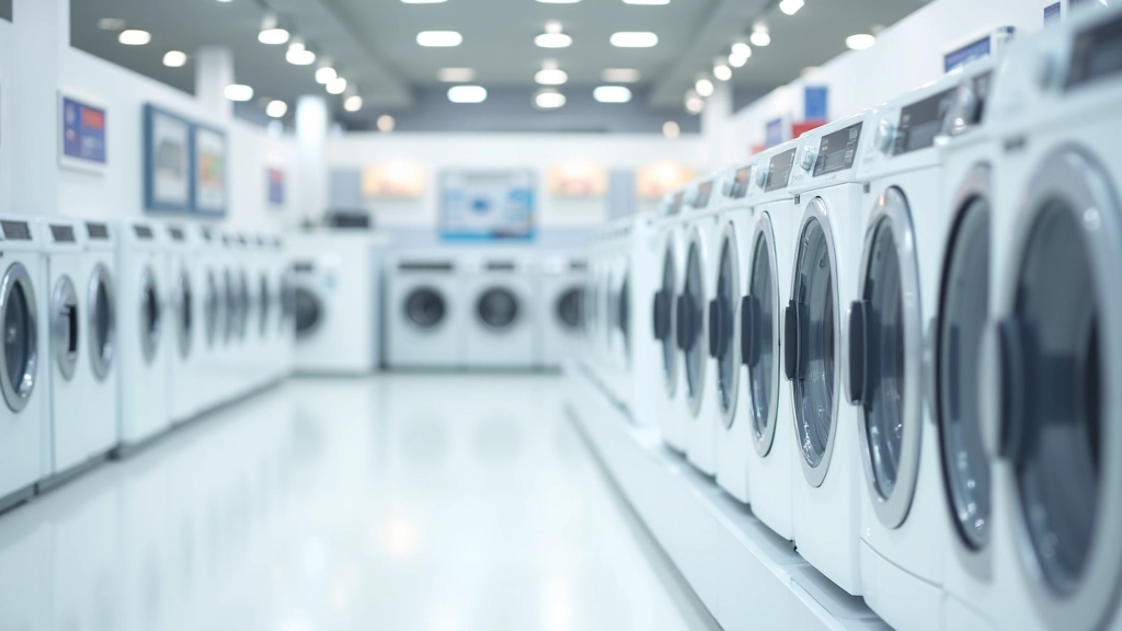 Différents modèles de lave-linge affichés dans un magasin d'électroménager avec étiquettes de prix visibles