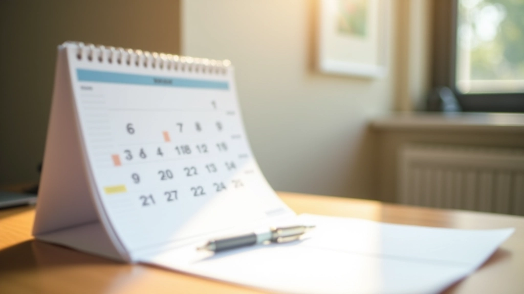 Calendrier annuel ouvert sur un bureau avec un stylo pointant vers les mois, symbole de planification financière