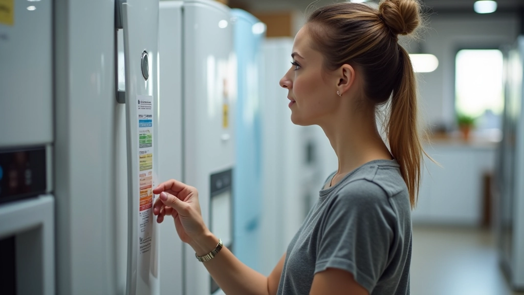 Femme consultant étiquette énergie sur réfrigérateur neuf en magasin d'électroménager, lumière naturelle