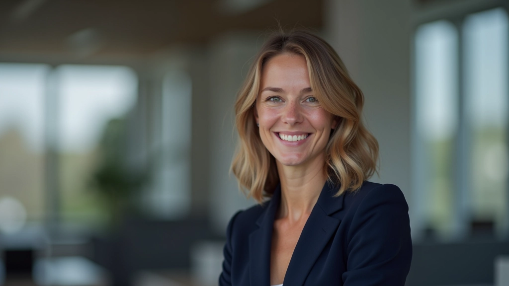 Portrait professionnel d'une femme en costume bleu, buste, sourire confiant, bureau moderne