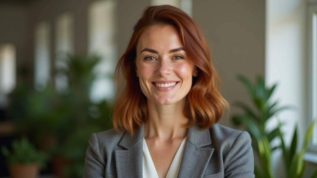 Portrait d'une femme aux cheveux auburn en costume gris, buste, expression bienveillante, bureau avec plantes